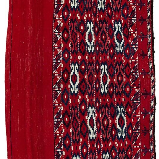 alt="Vintage Turkman Tobreh bag with deep red and blue funky design" alt="Turkman tribal bag from Northeast Iran with locks intact" alt="Exciting Persian tribal textile with modern aesthetic" alt="Handwoven vintage Turkman bag in vibrant colours"