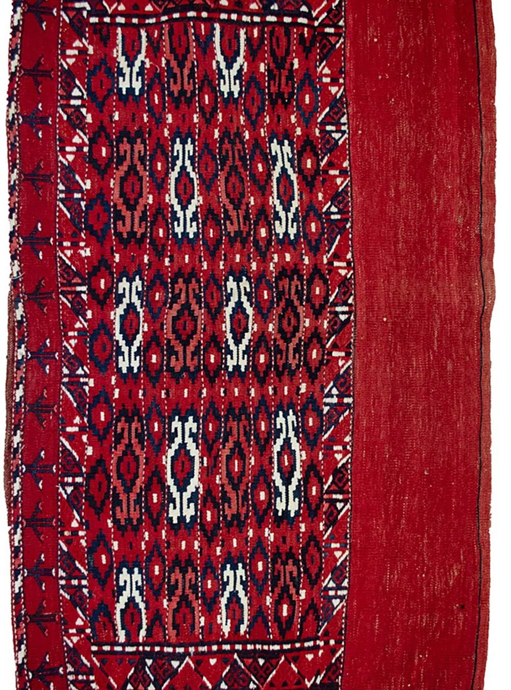 alt="Vintage Turkman Tobreh bag with deep red and blue funky design" alt="Turkman tribal bag from Northeast Iran with locks intact" alt="Exciting Persian tribal textile with modern aesthetic" alt="Handwoven vintage Turkman bag in vibrant colours"