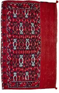 alt="Vintage Turkman Tobreh bag with deep red and blue funky design" alt="Turkman tribal bag from Northeast Iran with locks intact" alt="Exciting Persian tribal textile with modern aesthetic" alt="Handwoven vintage Turkman bag in vibrant colours"