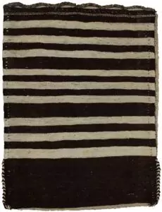 alt="Vintage Turkman Tobreh bag with simple motif on black-brown background" alt="Minimalist tribal bag from Northeast Iran in excellent condition" alt="Turkman handwoven wool bag with understated design" alt="Elegant Persian Tobreh with black-brown wool and natural dye"