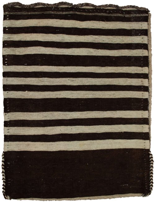 alt="Vintage Turkman Tobreh bag with simple motif on black-brown background" alt="Minimalist tribal bag from Northeast Iran in excellent condition" alt="Turkman handwoven wool bag with understated design" alt="Elegant Persian Tobreh with black-brown wool and natural dye"