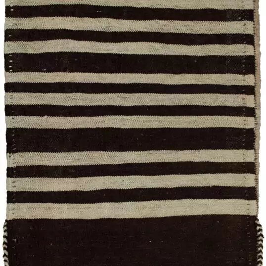 alt="Vintage Turkman Tobreh bag with simple motif on black-brown background" alt="Minimalist tribal bag from Northeast Iran in excellent condition" alt="Turkman handwoven wool bag with understated design" alt="Elegant Persian Tobreh with black-brown wool and natural dye"