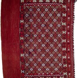 alt="Vintage Turkman Tobreh bag with snowflake and butterfly motifs" alt="Handwoven tribal bag from Northeast Iran with lozenge design" alt="Decorative vintage Turkman textile with traditional tribal symbols" alt="Turkman Tobreh bag featuring snowflake and butterfly patterns"