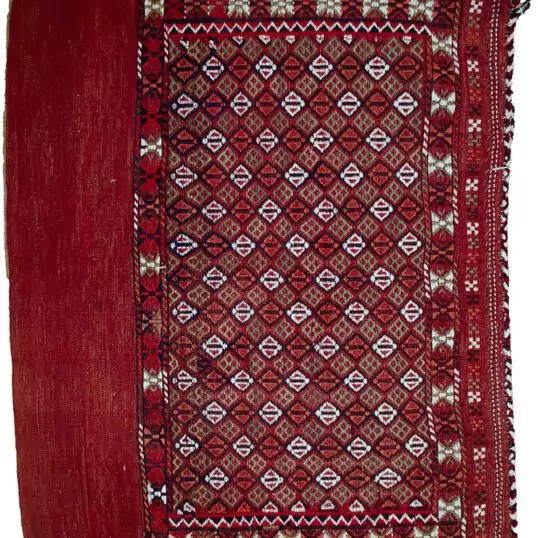 alt="Vintage Turkman Tobreh bag with snowflake and butterfly motifs" alt="Handwoven tribal bag from Northeast Iran with lozenge design" alt="Decorative vintage Turkman textile with traditional tribal symbols" alt="Turkman Tobreh bag featuring snowflake and butterfly patterns"