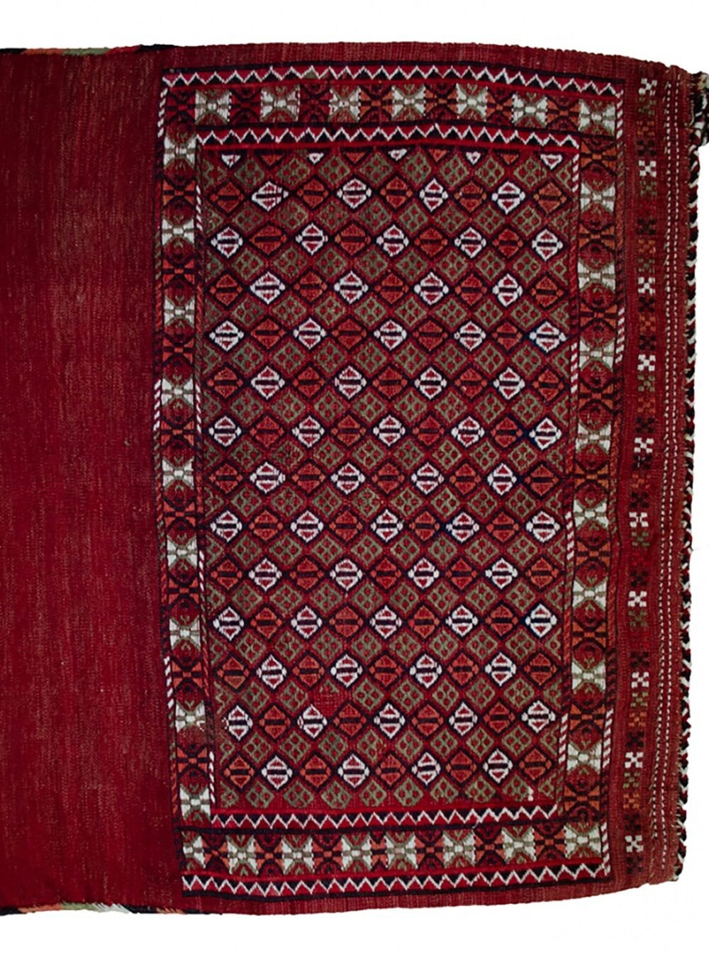 alt="Vintage Turkman Tobreh bag with snowflake and butterfly motifs" alt="Handwoven tribal bag from Northeast Iran with lozenge design" alt="Decorative vintage Turkman textile with traditional tribal symbols" alt="Turkman Tobreh bag featuring snowflake and butterfly patterns"