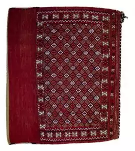 alt="Vintage Turkman Tobreh bag with snowflake and butterfly motifs" alt="Handwoven tribal bag from Northeast Iran with lozenge design" alt="Decorative vintage Turkman textile with traditional tribal symbols" alt="Turkman Tobreh bag featuring snowflake and butterfly patterns"