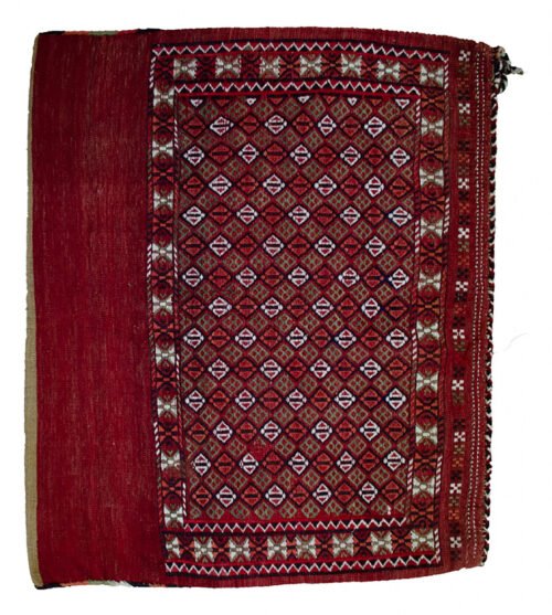 alt="Vintage Turkman Tobreh bag with snowflake and butterfly motifs" alt="Handwoven tribal bag from Northeast Iran with lozenge design" alt="Decorative vintage Turkman textile with traditional tribal symbols" alt="Turkman Tobreh bag featuring snowflake and butterfly patterns"