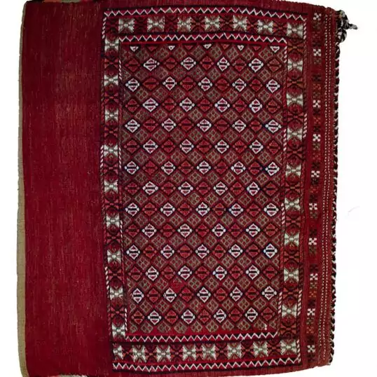 alt="Vintage Turkman Tobreh bag with snowflake and butterfly motifs" alt="Handwoven tribal bag from Northeast Iran with lozenge design" alt="Decorative vintage Turkman textile with traditional tribal symbols" alt="Turkman Tobreh bag featuring snowflake and butterfly patterns"