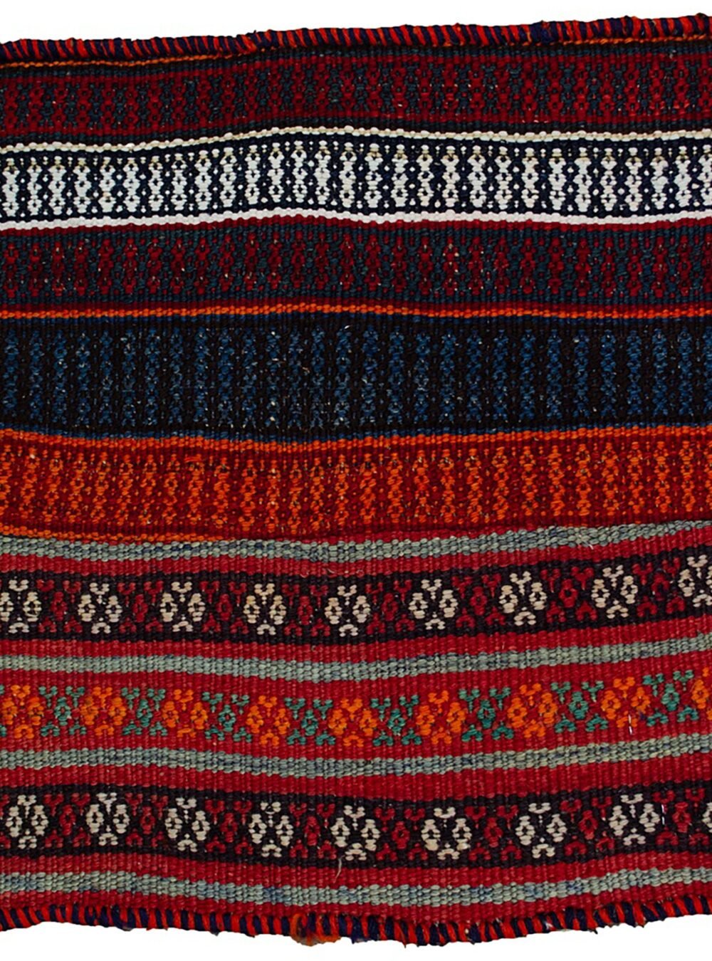 alt="Vintage Kurdish bag face with raindrop and flower head motifs" alt="Handwoven Somak and flatweave Kurdish textile from Northeast Iran" alt="Kurdish tribal bag fragment with colourful bands and symbolic motifs" alt="Decorative vintage Ghoochan Kurdish bag face with flatweave detailing"