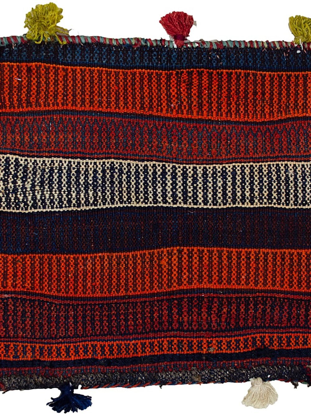 alt="Vintage Kurdish bag face with raindrop and flower head motifs" alt="Handwoven Somak and flatweave textile from Ghoochan, Iran" alt="Kurdish tribal bag fragment with coloured bands and traditional symbols" alt="Decorative vintage bag face with dual flatweave techniques"