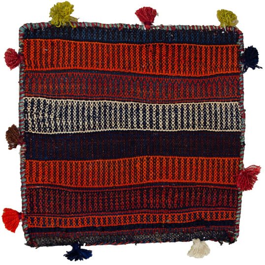 alt="Vintage Kurdish bag face with raindrop and flower head motifs" alt="Handwoven Somak and flatweave textile from Ghoochan, Iran" alt="Kurdish tribal bag fragment with coloured bands and traditional symbols" alt="Decorative vintage bag face with dual flatweave techniques"