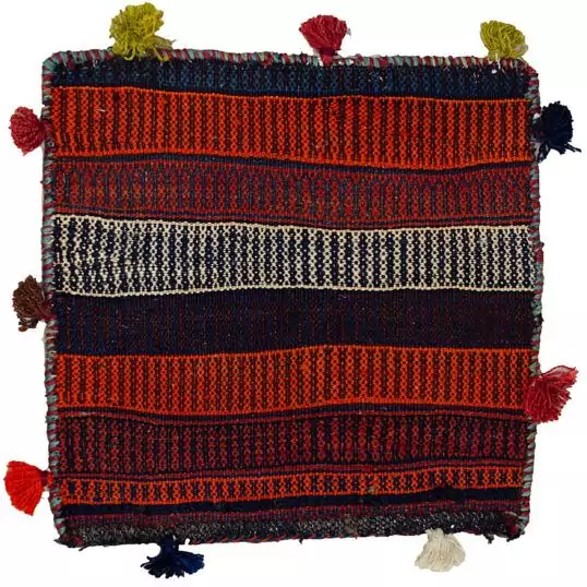 alt="Vintage Kurdish bag face with raindrop and flower head motifs" alt="Handwoven Somak and flatweave textile from Ghoochan, Iran" alt="Kurdish tribal bag fragment with coloured bands and traditional symbols" alt="Decorative vintage bag face with dual flatweave techniques"