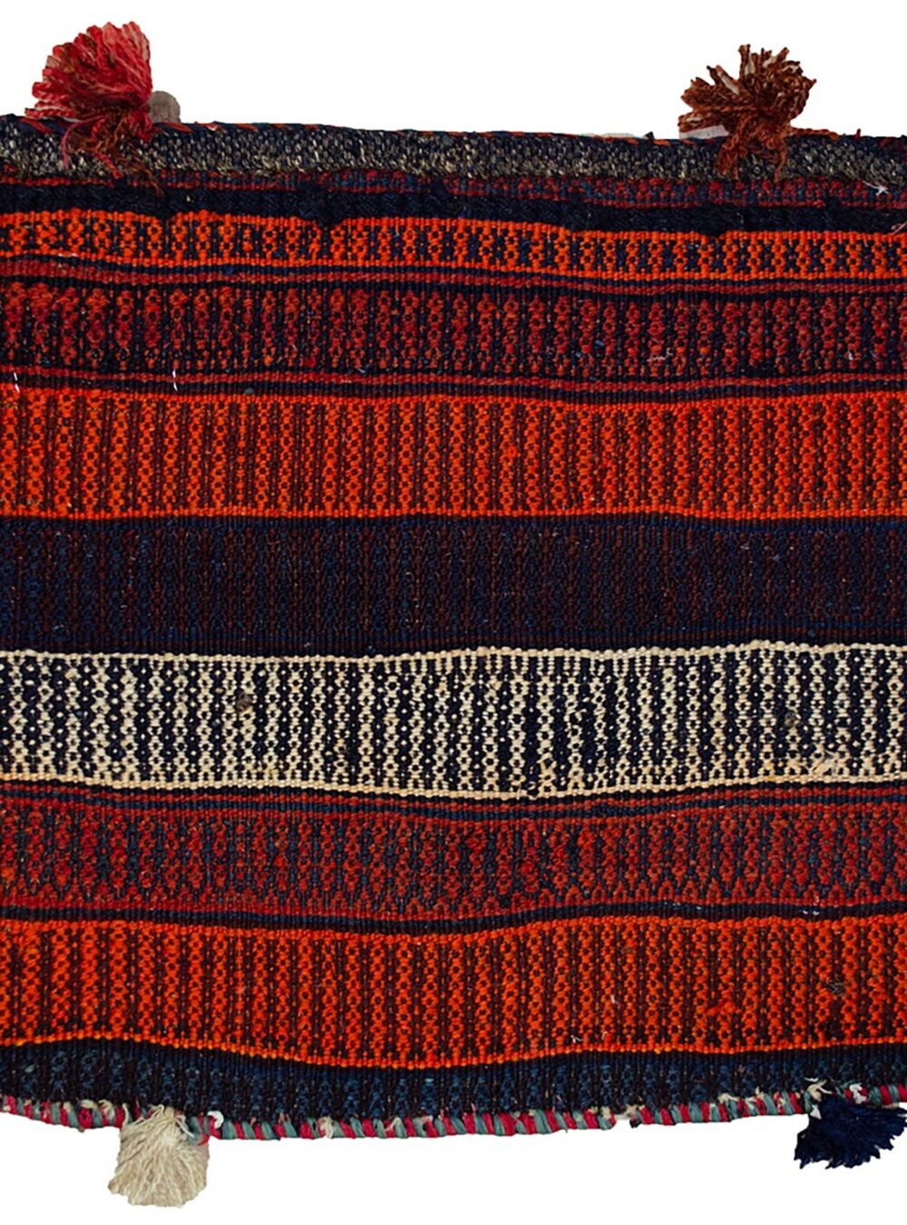 alt="Vintage Kurdish bag face with raindrop and flower head motifs" alt="Handwoven Somak and flatweave textile from Ghoochan, Iran" alt="Kurdish tribal bag fragment with coloured bands and traditional symbols" alt="Decorative vintage bag face with dual flatweave techniques"