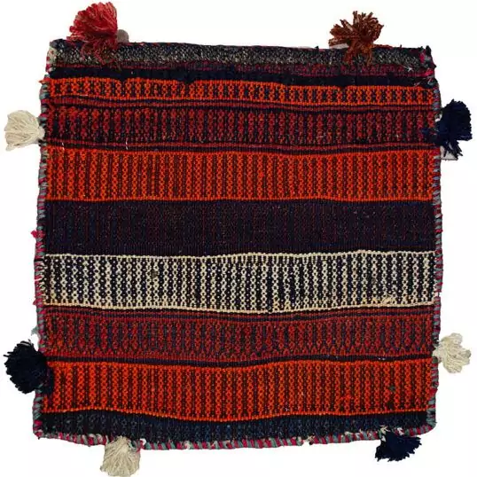 alt="Vintage Kurdish bag face with raindrop and flower head motifs" alt="Handwoven Somak and flatweave textile from Ghoochan, Iran" alt="Kurdish tribal bag fragment with coloured bands and traditional symbols" alt="Decorative vintage bag face with dual flatweave techniques"