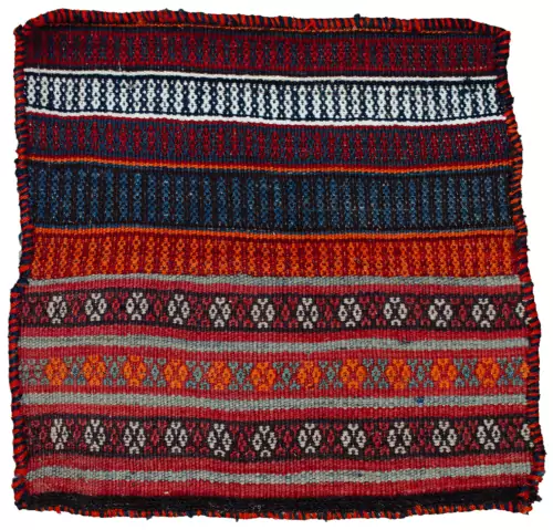 alt="Vintage Kurdish bag face with raindrop and flower head motifs" alt="Handwoven Somak and flatweave Kurdish textile from Northeast Iran" alt="Kurdish tribal bag fragment with colourful bands and symbolic motifs" alt="Decorative vintage Ghoochan Kurdish bag face with flatweave detailing"
