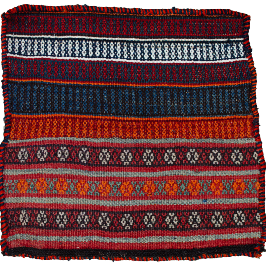 alt="Vintage Kurdish bag face with raindrop and flower head motifs" alt="Handwoven Somak and flatweave Kurdish textile from Northeast Iran" alt="Kurdish tribal bag fragment with colourful bands and symbolic motifs" alt="Decorative vintage Ghoochan Kurdish bag face with flatweave detailing"