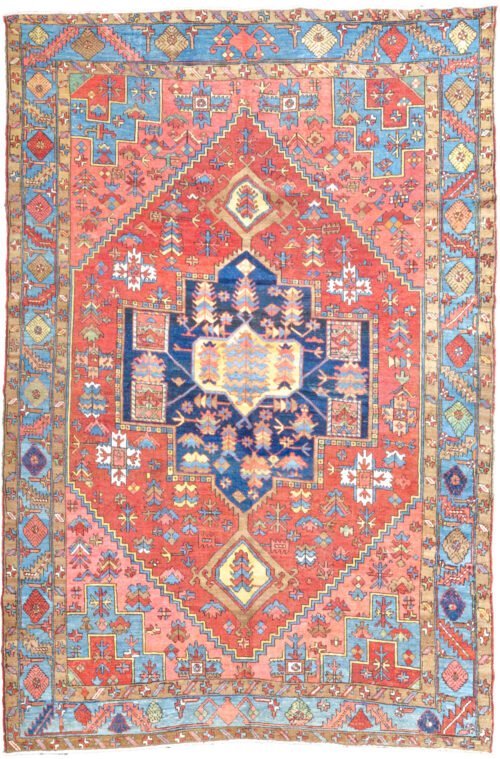 alt="Unusual Heriz or Karaja carpet with terracotta ground and blue, peach, yellow accents" alt="Characterful Persian rug with unique medallion and harmonious colour palette" alt="Restored antique Heriz Karaja rug with geometric motifs and warm tones" alt="Decorative Heriz rug with rare spandrel design and terracotta base"