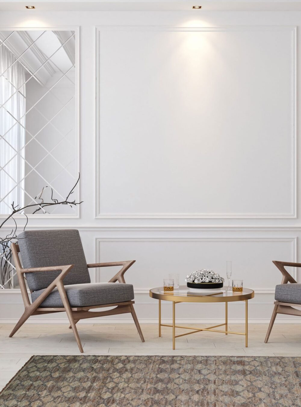 Classic white modern interior empty room with lounge armchairs, Classic white modern interior empty room with lounge armchairs,