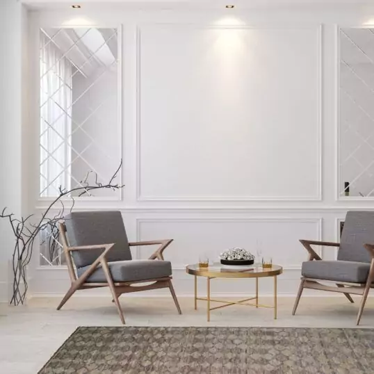 Classic white modern interior empty room with lounge armchairs,
