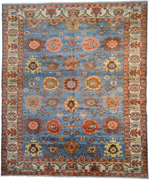 alt="Serapi Heriz rug with harchang design on light blue field" alt="Hand-knotted Persian rug with cream floral border and antique finish" alt="New Serapi Heriz production using handspun wool and natural dyes" alt="Traditional Persian rug with crab motif and antique look"