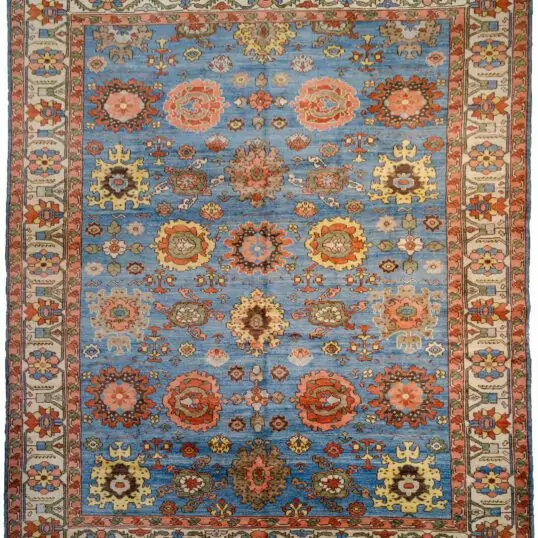 alt="Serapi Heriz rug with harchang design on light blue field" alt="Hand-knotted Persian rug with cream floral border and antique finish" alt="New Serapi Heriz production using handspun wool and natural dyes" alt="Traditional Persian rug with crab motif and antique look"