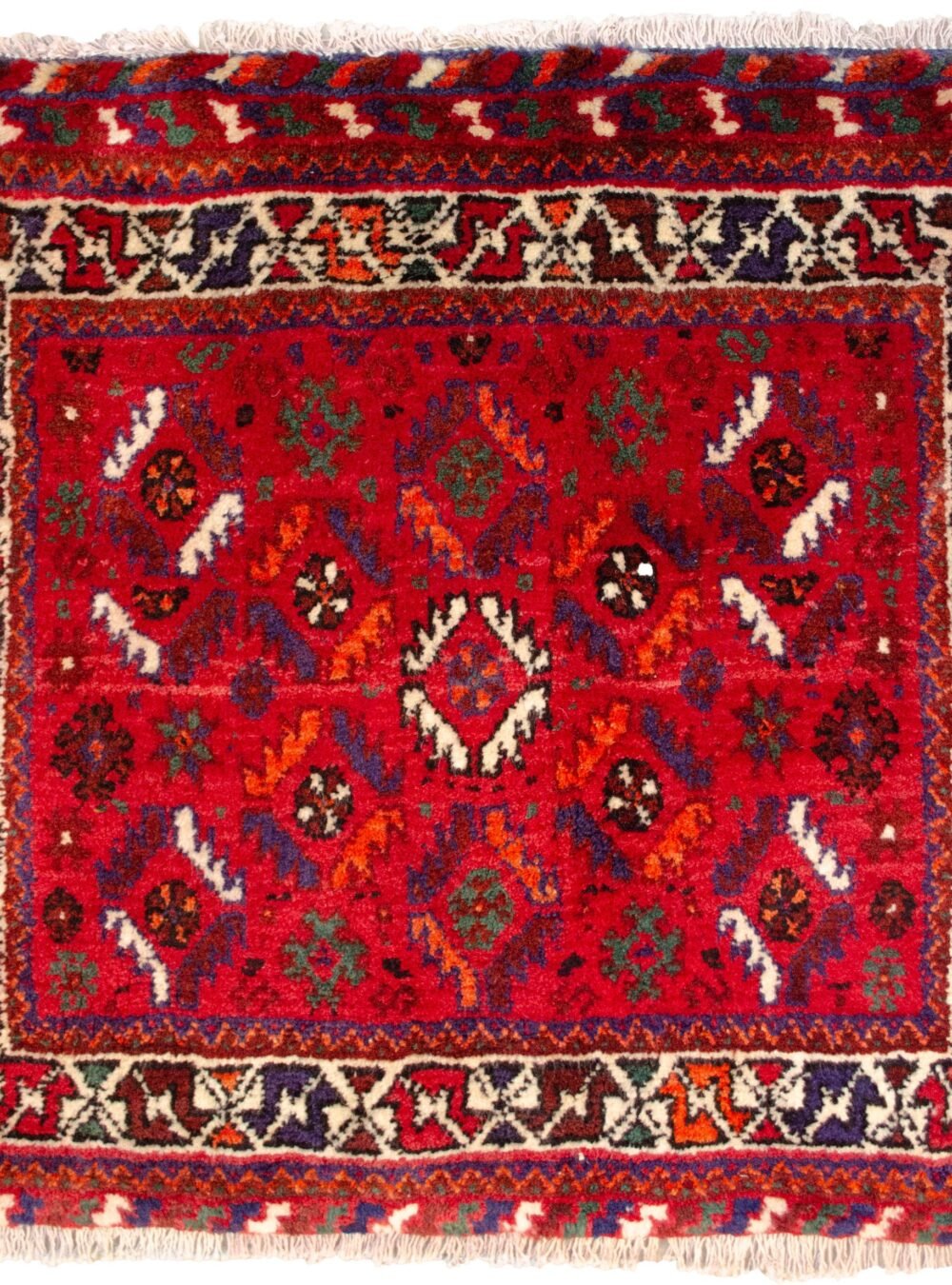 alt="Nomadic bag with deep red field and fish motifs in lozenge pattern" alt="Tribal Persian bag with cream border and shiny wool" alt="Handwoven wool nomadic textile with geometric fish design" alt="Vintage tribal bag from Iran with red and cream colour scheme"