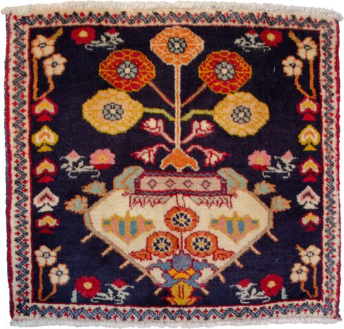 alt="Nomadic tribal bag with flowerpot and floral stem design" alt="Wool bag with spade motifs and central flower design" alt="Decorative handwoven tribal bag for wall or seat" alt="Vintage Persian nomadic textile with floral and geometric motifs"