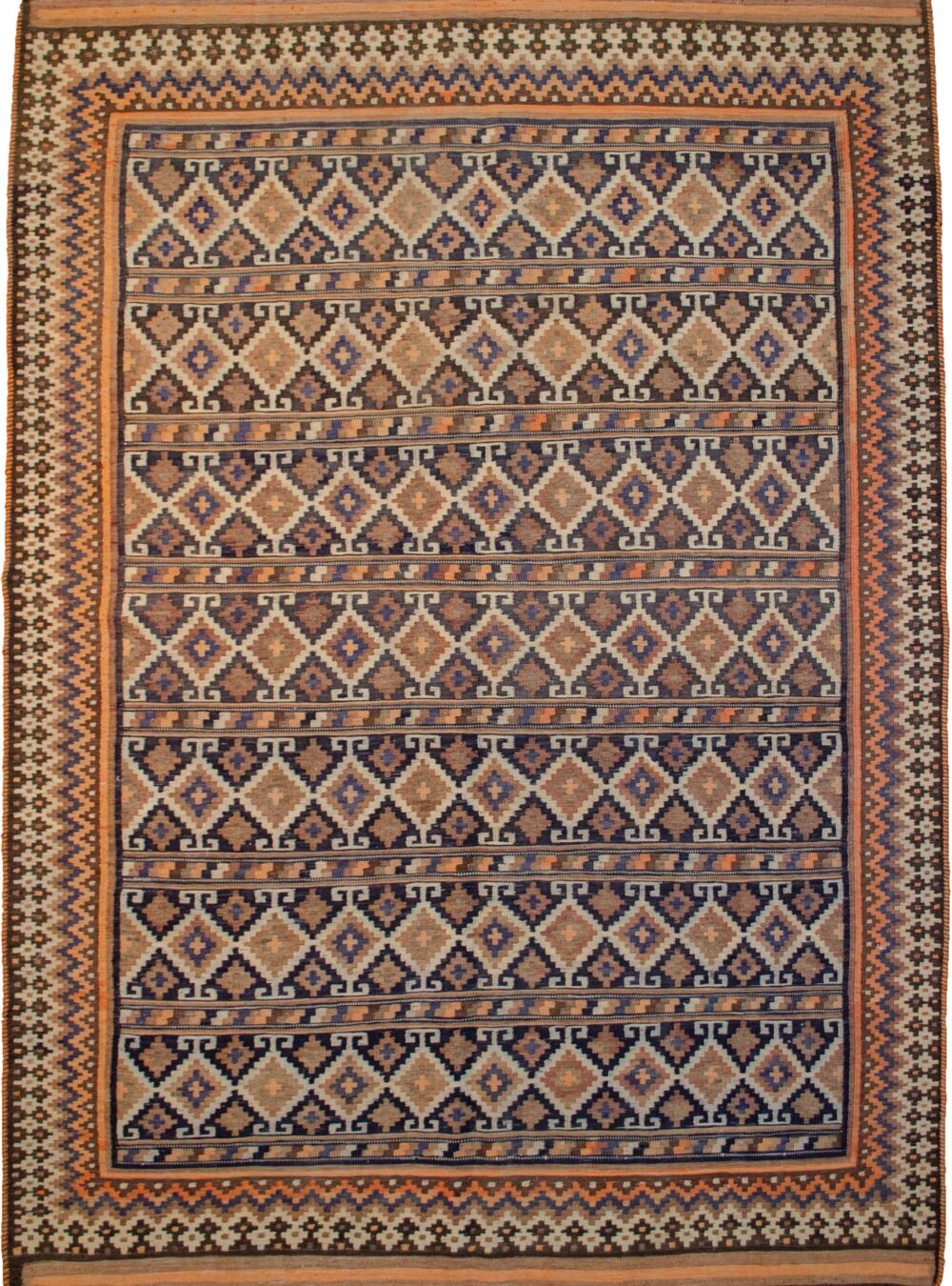 alt="Qashqai kilim with blue lozenge pattern and colour blocks" alt="South Iran tribal kilim with jagged border and plain ends" alt="Elegant Persian flatweave with alternating bands of design" alt="Handwoven Qashqai rug with soft cream finish and subtle blue shadowing"