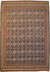 alt="Qashqai kilim with blue lozenge pattern and colour blocks" alt="South Iran tribal kilim with jagged border and plain ends" alt="Elegant Persian flatweave with alternating bands of design" alt="Handwoven Qashqai rug with soft cream finish and subtle blue shadowing"