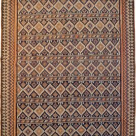 alt="Qashqai kilim with blue lozenge pattern and colour blocks" alt="South Iran tribal kilim with jagged border and plain ends" alt="Elegant Persian flatweave with alternating bands of design" alt="Handwoven Qashqai rug with soft cream finish and subtle blue shadowing"