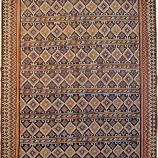alt="Qashqai kilim with blue lozenge pattern and colour blocks" alt="South Iran tribal kilim with jagged border and plain ends" alt="Elegant Persian flatweave with alternating bands of design" alt="Handwoven Qashqai rug with soft cream finish and subtle blue shadowing"