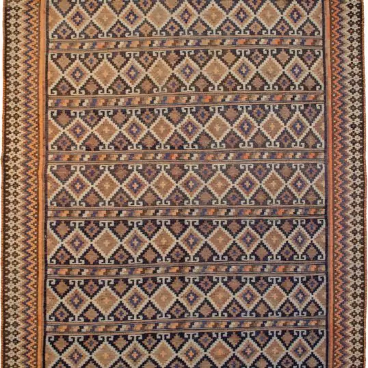 alt="Qashqai kilim with blue lozenge pattern and colour blocks" alt="South Iran tribal kilim with jagged border and plain ends" alt="Elegant Persian flatweave with alternating bands of design" alt="Handwoven Qashqai rug with soft cream finish and subtle blue shadowing"