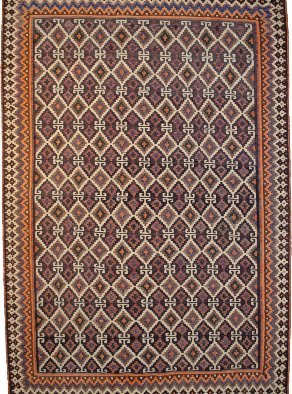 alt="Afshari kilim with rows of lozenges and jagged border" alt="Decorative tribal kilim from South Iran with harmonious colours" alt="Handwoven Persian flatweave with lozenge pattern and plain ends" alt="Afshari rug with geometric border and subtle end bands"