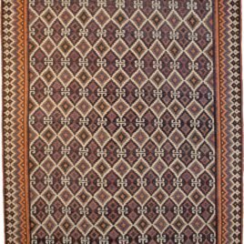 alt="Afshari kilim with rows of lozenges and jagged border" alt="Decorative tribal kilim from South Iran with harmonious colours" alt="Handwoven Persian flatweave with lozenge pattern and plain ends" alt="Afshari rug with geometric border and subtle end bands"