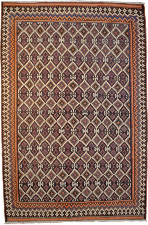 alt="Afshari kilim with rows of lozenges and jagged border" alt="Decorative tribal kilim from South Iran with harmonious colours" alt="Handwoven Persian flatweave with lozenge pattern and plain ends" alt="Afshari rug with geometric border and subtle end bands"