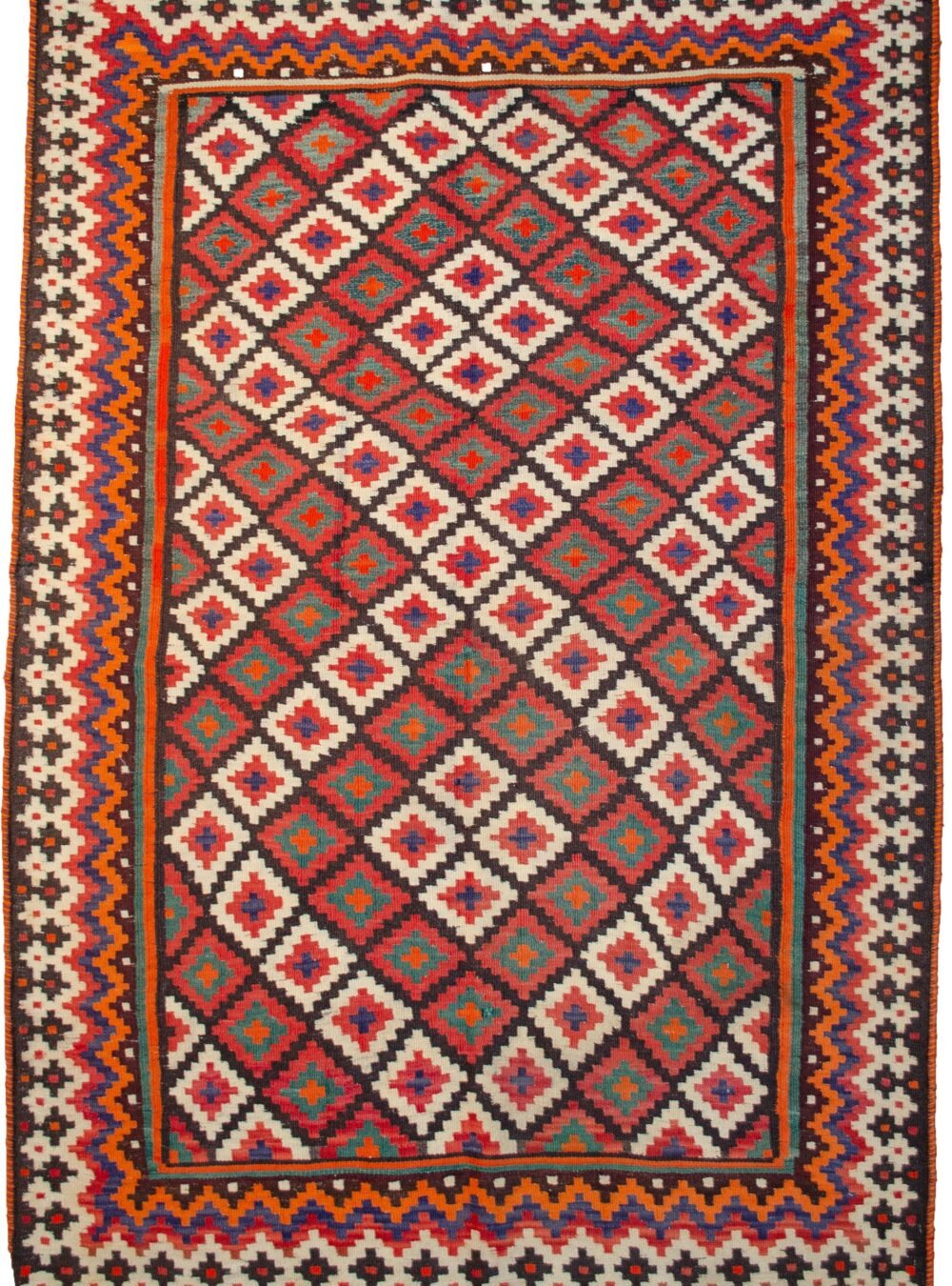 alt="Large vintage Afshari kilim with colourful lozenge design" alt="Handwoven Persian kilim with clear natural dyes and geometric pattern" alt="South Iran tribal kilim with multicoloured lozenges" alt="Rare large Afshari flatweave rug with vivid dye clarity"