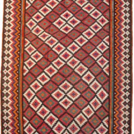 alt="Large vintage Afshari kilim with colourful lozenge design" alt="Handwoven Persian kilim with clear natural dyes and geometric pattern" alt="South Iran tribal kilim with multicoloured lozenges" alt="Rare large Afshari flatweave rug with vivid dye clarity"