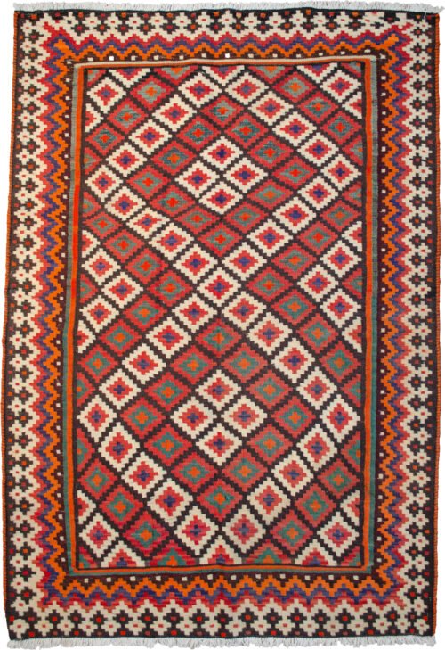 alt="Large vintage Afshari kilim with colourful lozenge design" alt="Handwoven Persian kilim with clear natural dyes and geometric pattern" alt="South Iran tribal kilim with multicoloured lozenges" alt="Rare large Afshari flatweave rug with vivid dye clarity"