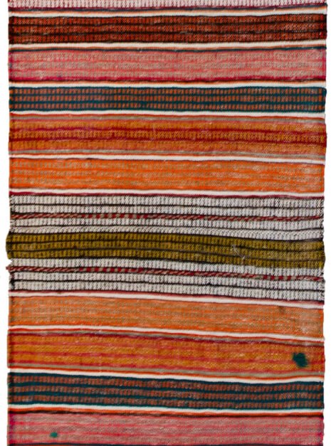 alt="Opened Qashqai bag used as runner with lozenge motifs" alt="Multicoloured tribal runner with snowflake designs" alt="Qashqai wool runner from repurposed antique tribal bag" alt="Handwoven Persian table or hallway runner with bright patterns"