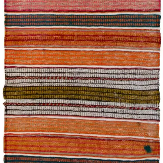 alt="Opened Qashqai bag used as runner with lozenge motifs" alt="Multicoloured tribal runner with snowflake designs" alt="Qashqai wool runner from repurposed antique tribal bag" alt="Handwoven Persian table or hallway runner with bright patterns"