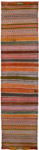 alt="Opened Qashqai bag used as runner with lozenge motifs" alt="Multicoloured tribal runner with snowflake designs" alt="Qashqai wool runner from repurposed antique tribal bag" alt="Handwoven Persian table or hallway runner with bright patterns"