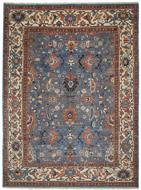 alt="Sultanabad-style rug with light blue field and cream border" alt="Persian production carpet with boteh and samovar motifs" alt="Antique-finish rug inspired by a Christie’s-sold original" alt="Decorative Persian rug with islimi and floral elements"