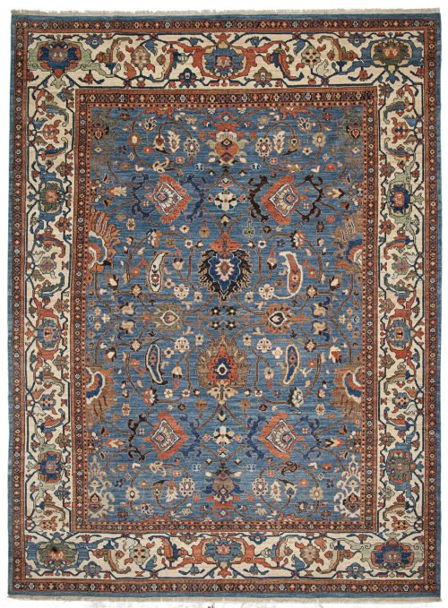 alt="Sultanabad-style rug with light blue field and cream border" alt="Persian production carpet with boteh and samovar motifs" alt="Antique-finish rug inspired by a Christie’s-sold original" alt="Decorative Persian rug with islimi and floral elements"