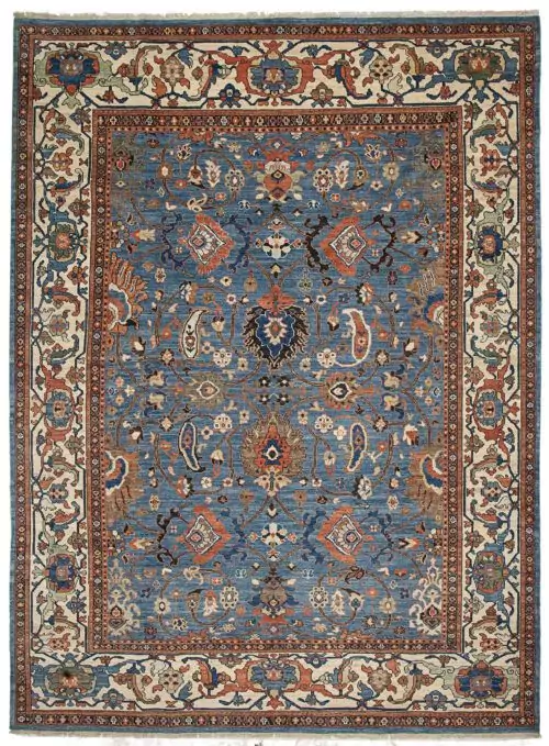 alt="Sultanabad-style rug with light blue field and cream border" alt="Persian production carpet with boteh and samovar motifs" alt="Antique-finish rug inspired by a Christie’s-sold original" alt="Decorative Persian rug with islimi and floral elements"