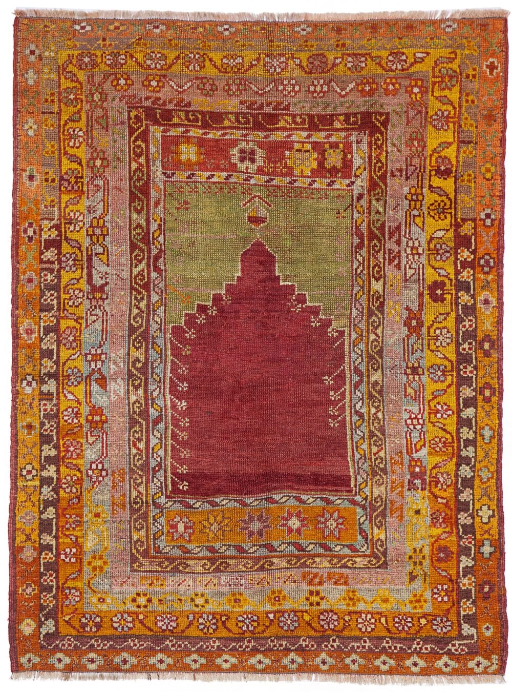 alt="Kirshehir prayer rug with stepped mihrab and floral details" alt="Traditional Turkish rug with vibrant Anatolian colours" alt="Central Turkey prayer rug with cherry red, green, violet accents" alt="Kirshehir mihrab rug with concentric niche and carnation motifs"