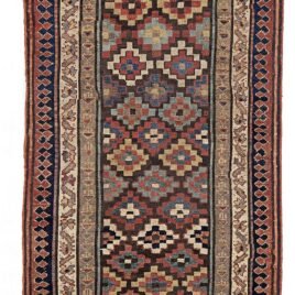 alt="Shahsavan runner from Saveh with tablet motifs on brown ground" alt="Vintage Persian runner with multiple borders and colourful accents" alt="Decorative tribal hallway rug from Saveh region" alt="Long Shahsavan runner with coloured tablets and elegant design"