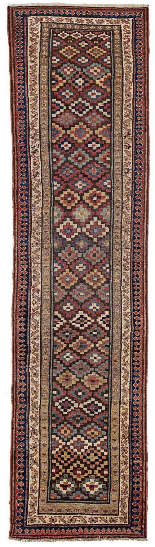alt="Shahsavan runner from Saveh with tablet motifs on brown ground" alt="Vintage Persian runner with multiple borders and colourful accents" alt="Decorative tribal hallway rug from Saveh region" alt="Long Shahsavan runner with coloured tablets and elegant design"
