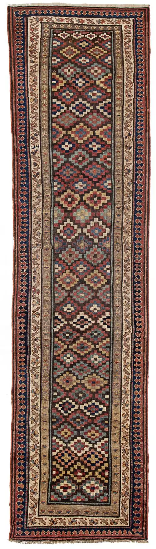 alt="Shahsavan runner from Saveh with tablet motifs on brown ground" alt="Vintage Persian runner with multiple borders and colourful accents" alt="Decorative tribal hallway rug from Saveh region" alt="Long Shahsavan runner with coloured tablets and elegant design"