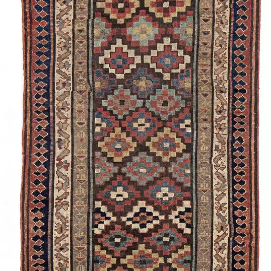 alt="Shahsavan runner from Saveh with tablet motifs on brown ground" alt="Vintage Persian runner with multiple borders and colourful accents" alt="Decorative tribal hallway rug from Saveh region" alt="Long Shahsavan runner with coloured tablets and elegant design"