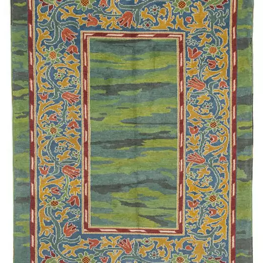 william-morris-green-rug-floral-border.jpg arts-and-crafts-style-rug-natural-dyes.jpg handwoven-green-william-morris-carpet.jpg vintage-inspired-floral-border-rug.jpg william-morris-textile-arts-crafts.jpg